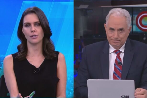 Monatgem com duas fotos, Na primeira estar Camila Busnello no cenário do JR News da Record News. Na segunda imagem, Wiliam Waack aparece apresentando o Jornal da CNN