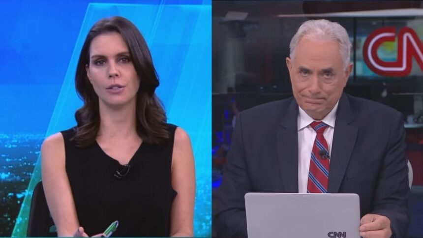 Monatgem com duas fotos, Na primeira estar Camila Busnello no cenário do JR News da Record News. Na segunda imagem, Wiliam Waack aparece apresentando o Jornal da CNN