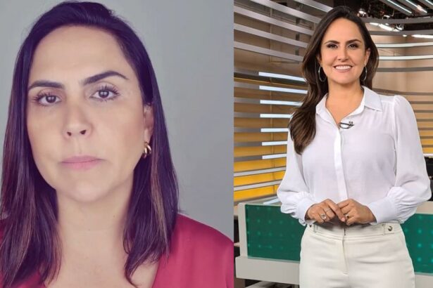 Carla Cecato em trecho do vídeo, com montagem dela mesma na redação do jornalismo da Record TV, antigo estúdio do Fala Brasil