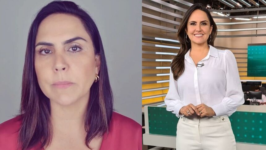 Carla Cecato em trecho do vídeo, com montagem dela mesma na redação do jornalismo da Record TV, antigo estúdio do Fala Brasil