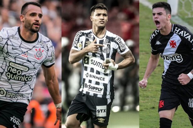 Renato Augusto (Corinthians), Marcos Leonardo (Santos) e Gabriel Pec (Vasco) em uma montagem