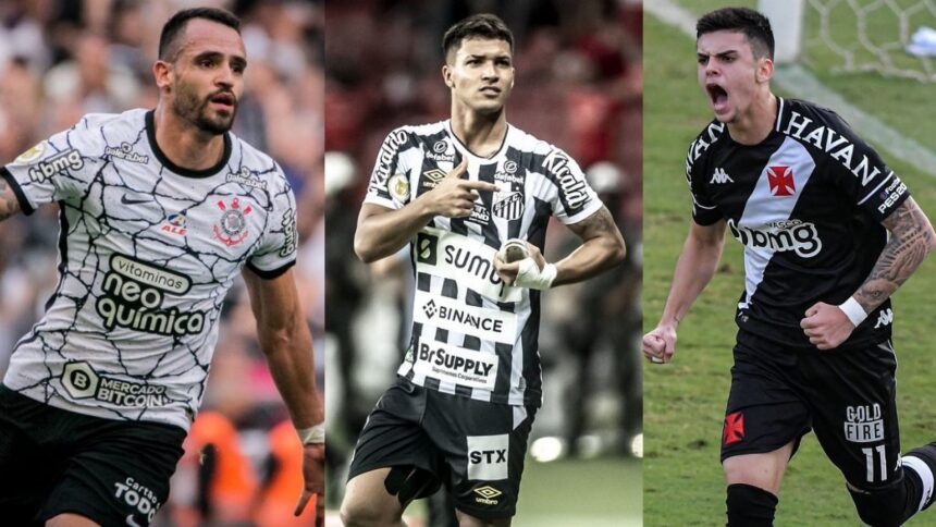 Renato Augusto (Corinthians), Marcos Leonardo (Santos) e Gabriel Pec (Vasco) em uma montagem