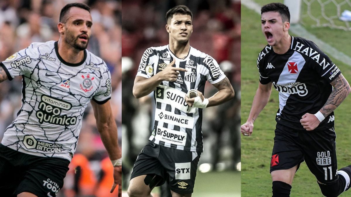 Renato Augusto (Corinthians), Marcos Leonardo (Santos) e Gabriel Pec (Vasco) em uma montagem