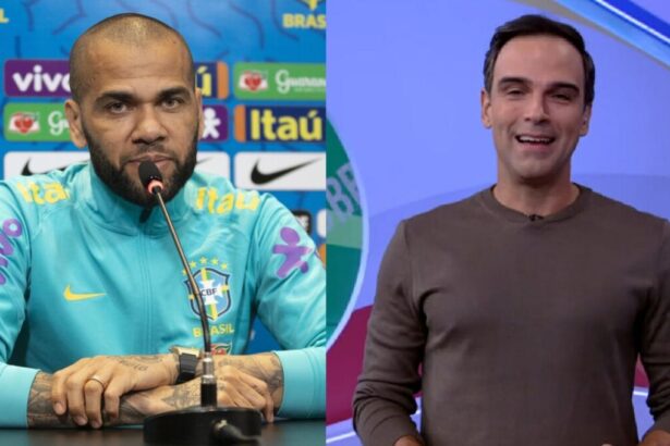 Daniel Alves, durante coletiva da Seleção Brasileira, e Tadeu no BBB