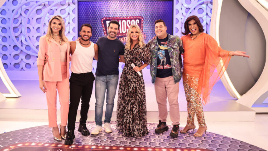 Leo Áquila, Lucas Guimarães, Darlisson Dutra, Eliana, Fofoquito e Narcisa nos estúdios do programa Eliana no SBT - episódio de 13 de fevereiro