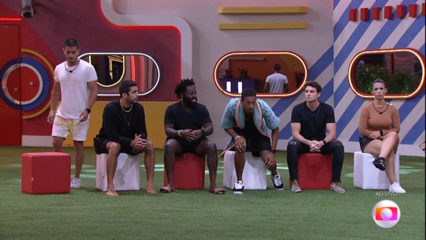 Arthur Aguiar, Pedro Scooby, Douglas Silva, Gustavo, Lucas e Larissa se preparam para o jogo da discórdia do BBB 22