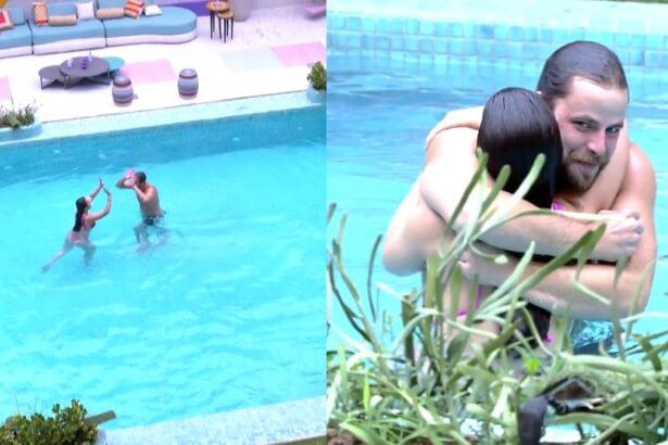 Gustavo e Larissa aproveitando a piscina do BBB 22