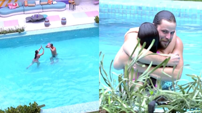 Gustavo e Larissa aproveitando a piscina do BBB 22