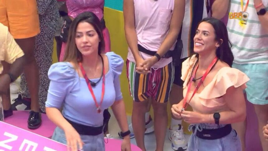 Laís e Larissa olham para cima para falar com Tadue Schmidt que confirma o nome das duas no castigo do monstro do BBB 22