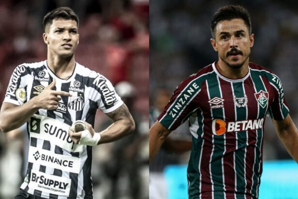 Marcos Leonardo (Santos) e Willian (Corinthians) comemorando gol em uma montagem