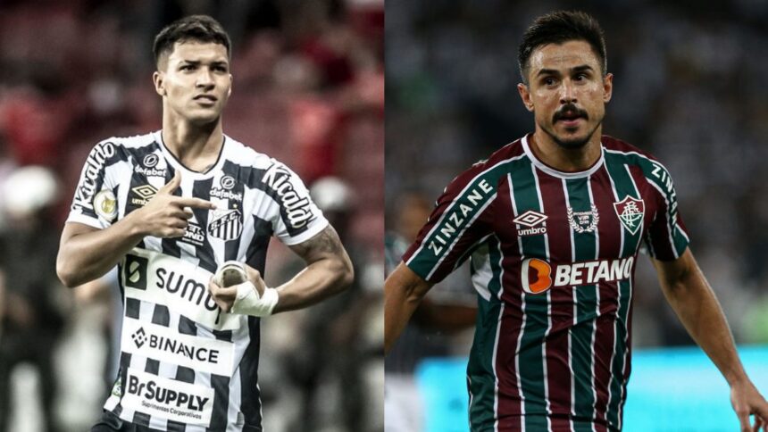 Marcos Leonardo (Santos) e Willian (Corinthians) comemorando gol em uma montagem