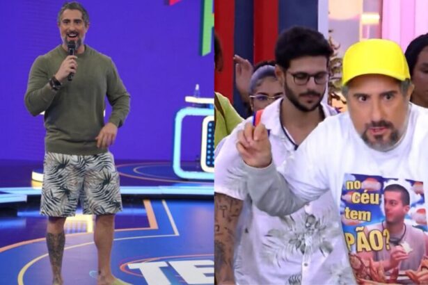 Na primeira imagem Marcos Mion aparece em pé no centro do palco do Caldeirão só de bermuda. Na segunda imagem, Marcos Mion aparece em frente a imagem da saída de Rodrigo do BBB 22