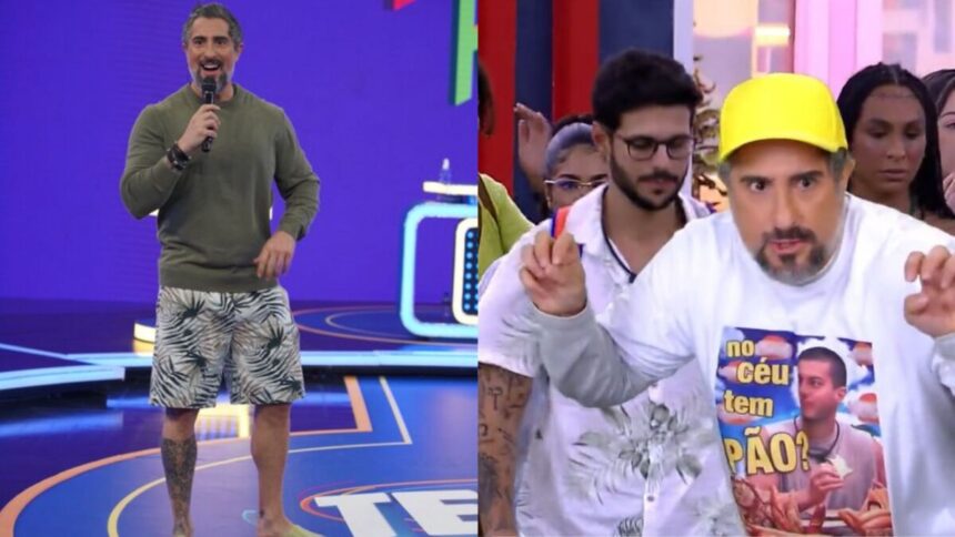 Na primeira imagem Marcos Mion aparece em pé no centro do palco do Caldeirão só de bermuda. Na segunda imagem, Marcos Mion aparece em frente a imagem da saída de Rodrigo do BBB 22