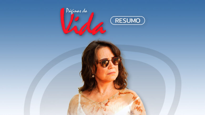 Logo da novela Páginas da Vida e a atriz Regina Duarte na arte de divulgação da novela Páginas da Vida