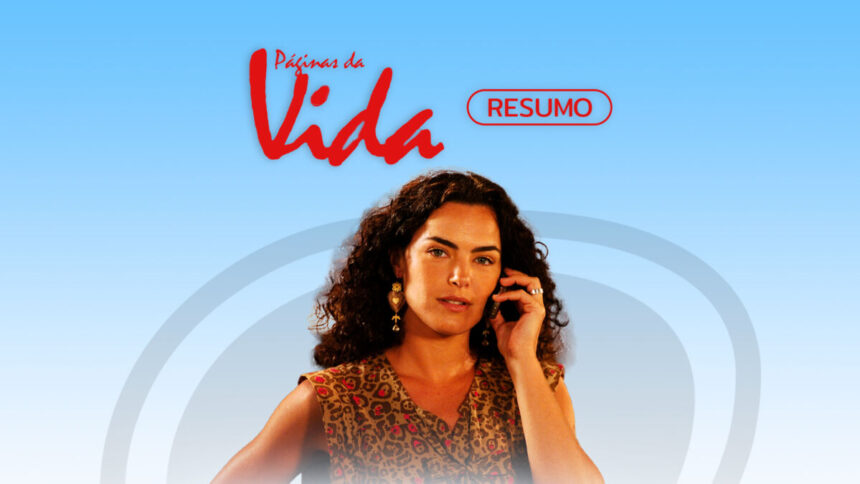 Logo da novela Páginas da Vida e a atriz Ana Paula Orósio na arte de divulgação da novela Páginas da Vida