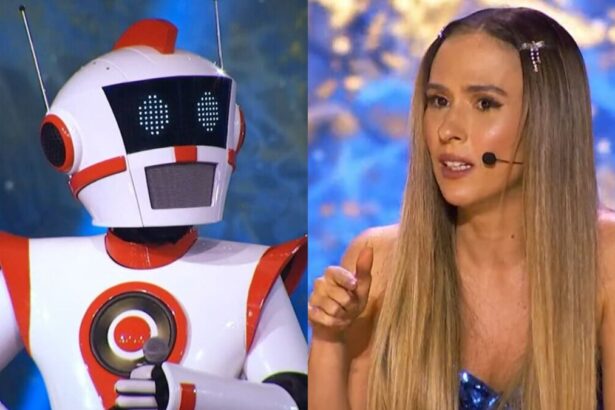 Personagem Robo do The Masked Singer, em montagem dom Tatá Werneck nos estúdios do Reality