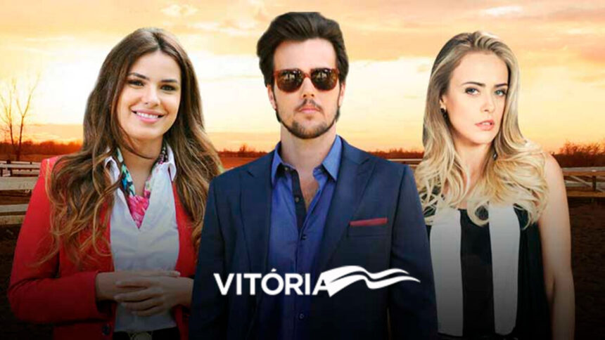 Thaís Melchior, Bruno Ferrari e Juliana Silveira em trecho da chamada de divulgação da novela Vitória