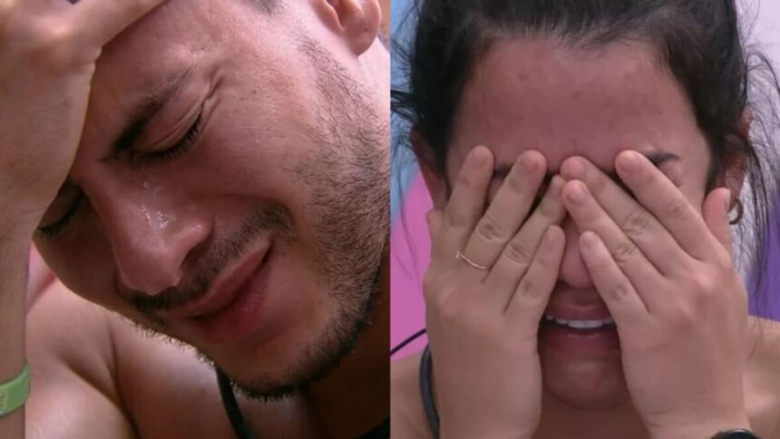 Arthur Aguiar com a mão na testa chorando e Larissa no quarto Lollipop desesperada enxungando as lágrimas