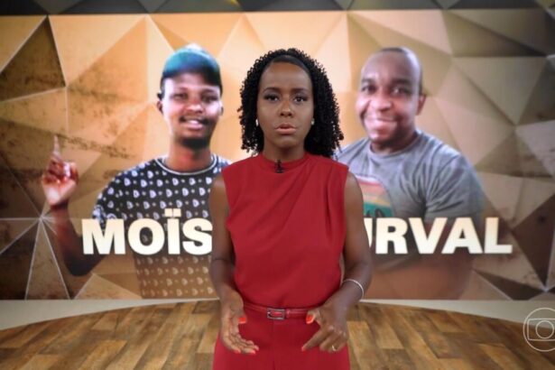 Maju Coutinho em frente ao telão do Fantástico que mostra o caso Moïse como destaque