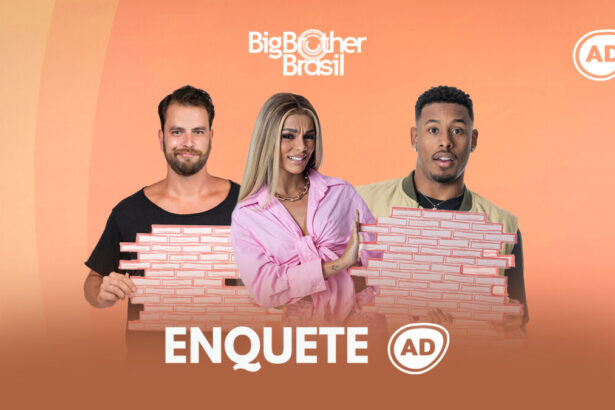 Arte da ennquete do quinto paredão do BBB 22 com Gustavo, Brunna Gonçalves e Paulo André