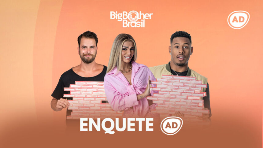 Arte da ennquete do quinto paredão do BBB 22 com Gustavo, Brunna Gonçalves e Paulo André