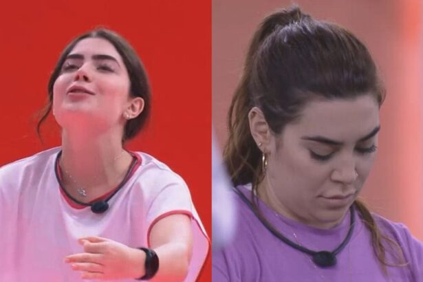 Duas imagens, na primeira Jade comemora a vitória na área de Provas do BBB 22. Já na segunda, Naiara Azevedo está de cabeça baixa após saber que foi para o Paredão