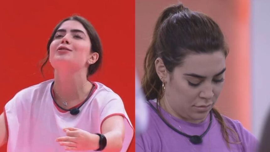 Duas imagens, na primeira Jade comemora a vitória na área de Provas do BBB 22. Já na segunda, Naiara Azevedo está de cabeça baixa após saber que foi para o Paredão