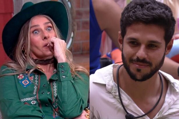 Montagem com duas imagens. Na primeira, Adriane Galisteu aparece sentada no sofá de A Fazenda 13 roendo unha. Já na segunda imagem Rodrigo está sorrindo no chão da sala do BBB 22