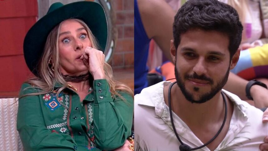 Montagem com duas imagens. Na primeira, Adriane Galisteu aparece sentada no sofá de A Fazenda 13 roendo unha. Já na segunda imagem Rodrigo está sorrindo no chão da sala do BBB 22