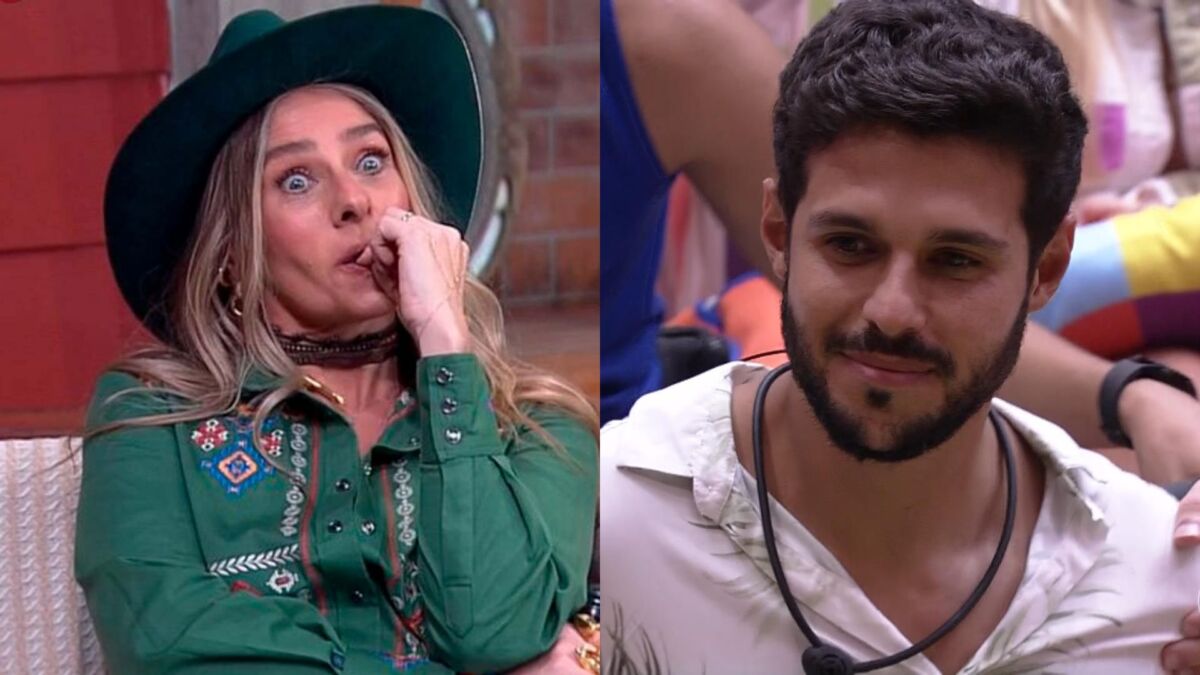 Montagem com duas imagens. Na primeira, Adriane Galisteu aparece sentada no sofá de A Fazenda 13 roendo unha. Já na segunda imagem Rodrigo está sorrindo no chão da sala do BBB 22