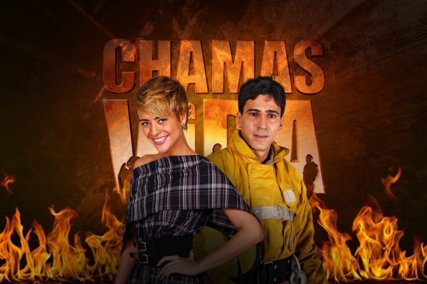 Banner com os protagonistas da novela Chamas da Vida e o logo da trama o fundo