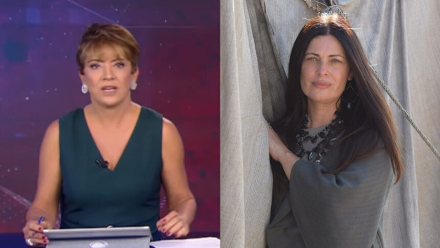 Christina Lemos na bancada do Jornal da Record em montagem com a atriz Giselle Tigre (Ada) em trecho da série Reis