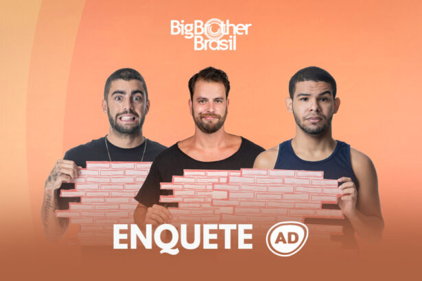 Arte da enquete do oitavo Paredão do BBB 22 com Pedro Scooby, Gustavo e Vinicius