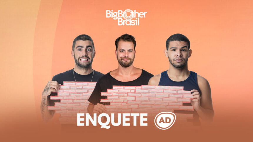 Arte da enquete do oitavo Paredão do BBB 22 com Pedro Scooby, Gustavo e Vinicius