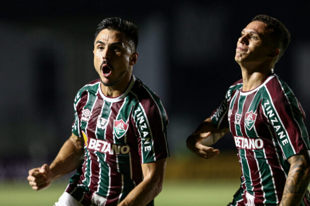 Jogadores do Fluminense comemorando gol pelo clube na fase anterior da Libertadores