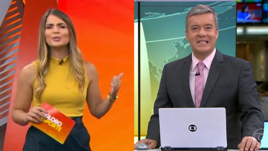 Gabriela Ribeiro (Globo Esporte) e Roberto Kovalick (Jornal Hoje) em uma montagem - edições de 26 de março