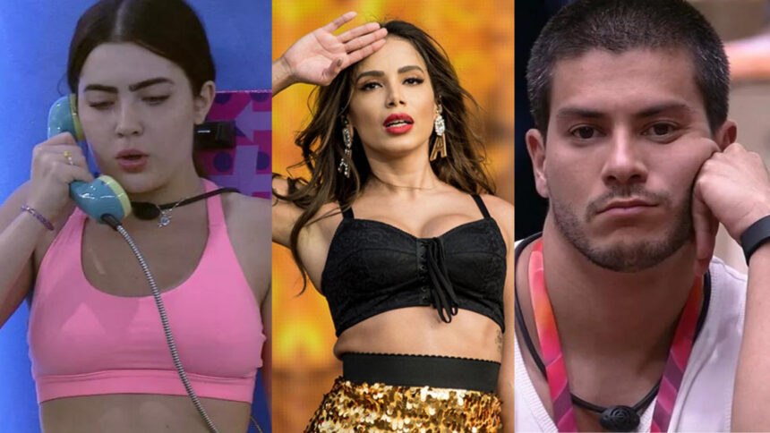 Montagem com Jade (no Big Fone), Anitta (em um show) e Arthur (na sala do BBB 22)