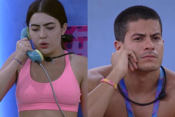 Jade Picon escuta fala do Big Fone e Arthur Aguiar olha de longe o que está acontecendo no BBB 22