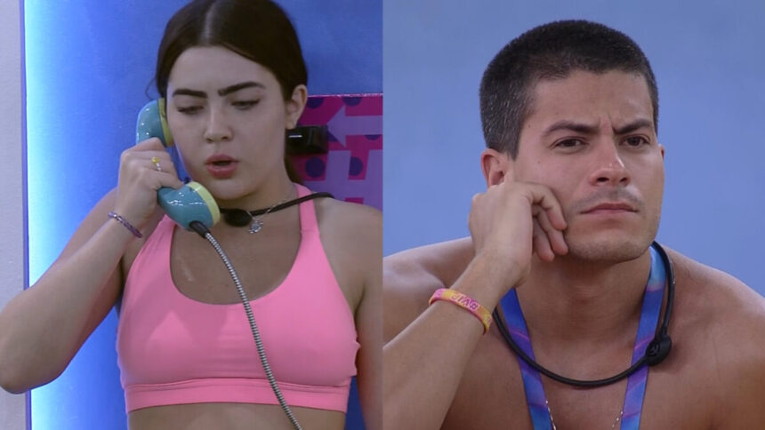 Jade Picon escuta fala do Big Fone e Arthur Aguiar olha de longe o que está acontecendo no BBB 22