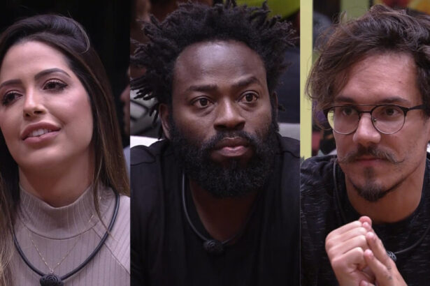 Laís, Douglas Silva e Eliezer sentados no sofá pedindo para continuarem no BBB 22