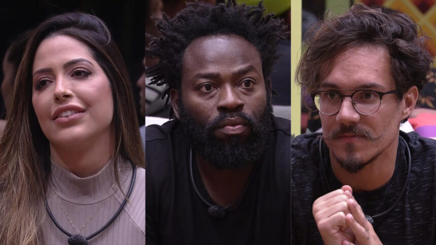 Laís, Douglas Silva e Eliezer sentados no sofá pedindo para continuarem no BBB 22