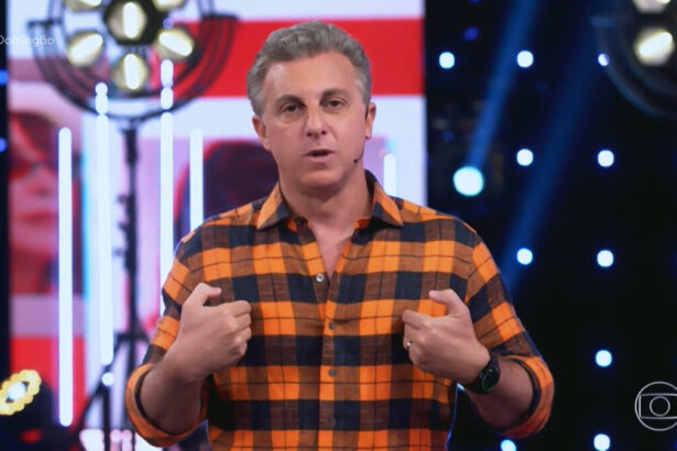 Luciano Huck, com uma camisa xadrez, apontando os dedos para si no estúdio do Domingão