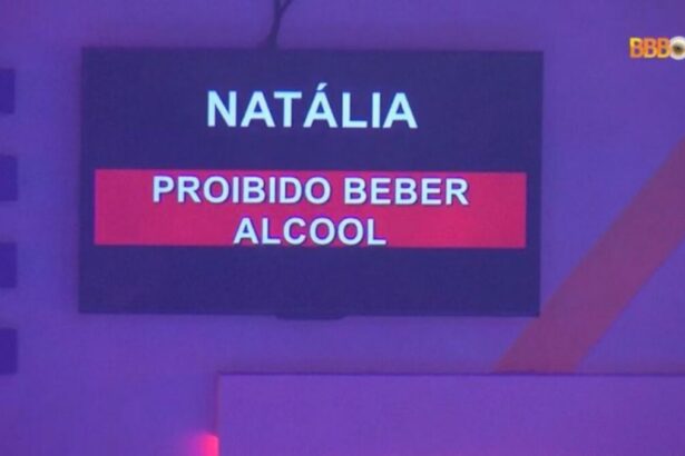 Tela da tv do BBB 22 informando para Natália não beber bebida alcoólica.