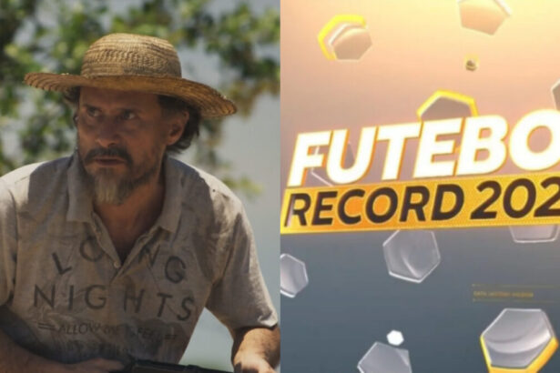 Enrique Diaz como Gil em cena da novela Pantanal e logo do Futebol na Record 2022