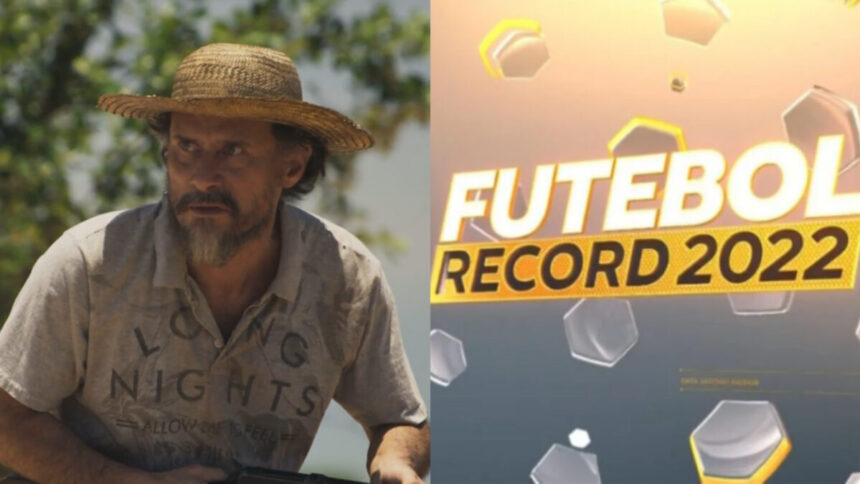 Enrique Diaz como Gil em cena da novela Pantanal e logo do Futebol na Record 2022