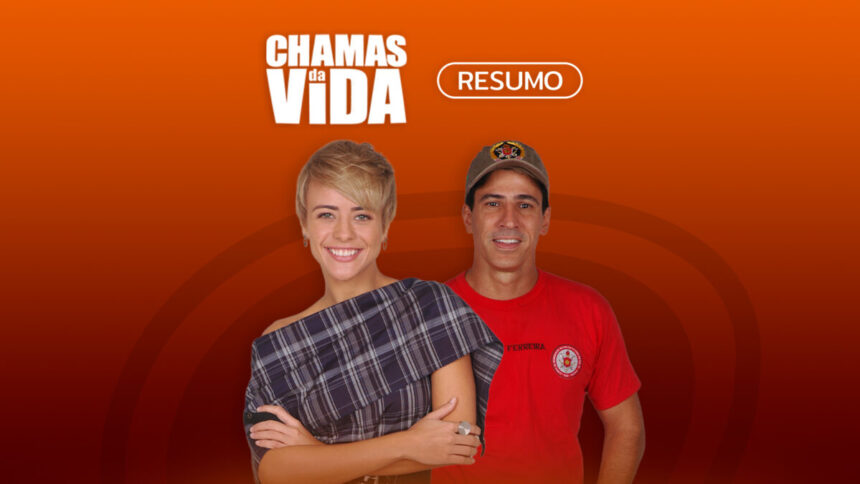 Arte de divulgação do resumo diário da novela Chamas da Vida