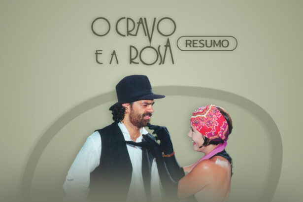 Arte gráfica com o resumo semanal da novela O Cravo e a Rosa