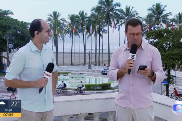 Rodrigo Nardelli e Rodrigo Bocardi apresentando o Bom Dia DP direito de Santos