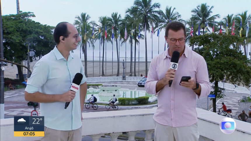 Rodrigo Nardelli e Rodrigo Bocardi apresentando o Bom Dia DP direito de Santos