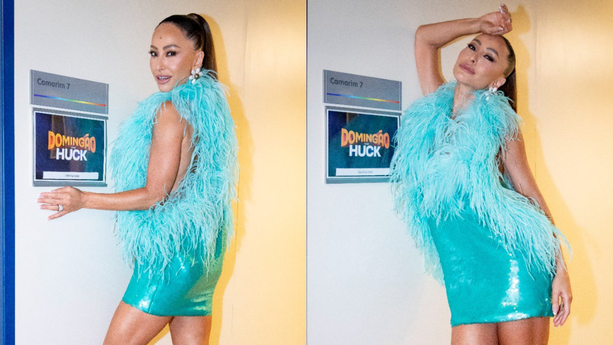 Sabrina Sato em montagem com duas fotos nos bastidores do Domingão, em frente ao camarim